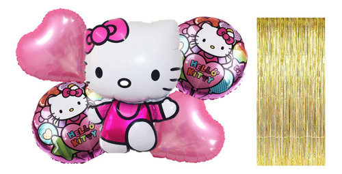 Kit De 5 Globos Grandes Hello Kitty + Cortina Elige Tu Color