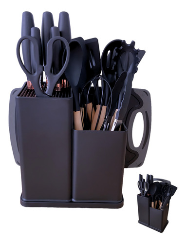 Conjunto 19 Peças Utensílios Cozinha Silicone Jogo Preto