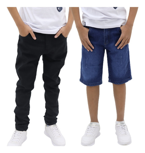 Combo Calça + Bermuda Jeans Infantil 10 Ao 16 Com Regulador 