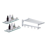 Set De Baño 2 Repisas Estantes Cristal + Toallero Doble Inox