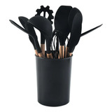 Kit 12 Peças Utensílios De Cozinha Em Silicone Cabo Madeira