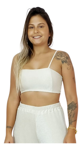 Top Cropped Feminino Alça Lurex Shine Slim Plus Size Brilho