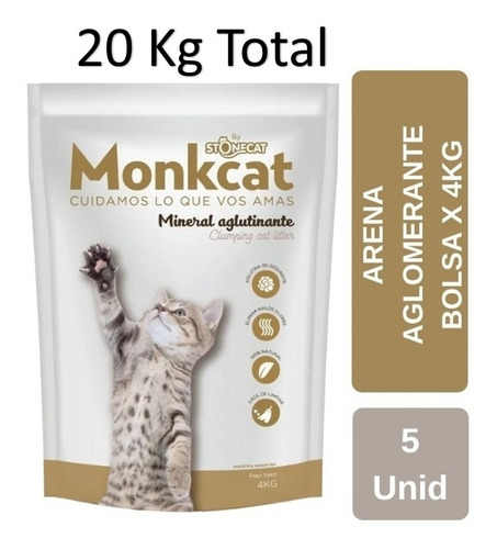 Arena Sanitaria Para Gatos Monkcat Bentonita Aglomerante 4kg Por 5 Bolsas