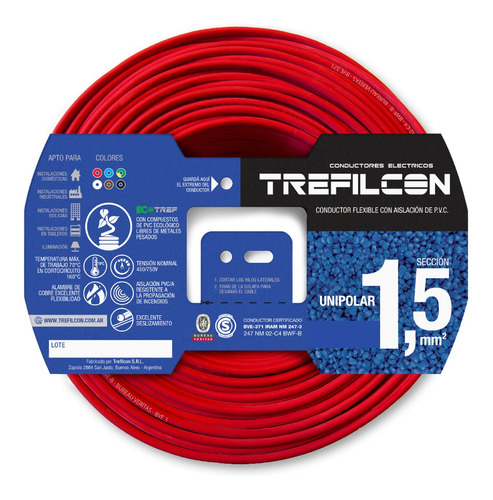 Cable Unipolar 1.5mm Normalizado Trefilcon Rollo X 25mts Color De La Cubierta Rojo