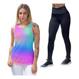 Kit Camiseta Regata Feminina Calça Legging Fitness Treino