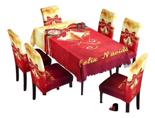 Mantel Navidad Decoración Comedor + 6 Fundas Sillas M6.