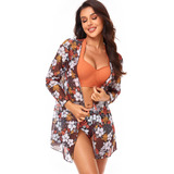 Conjunto Bikini + Saída De Praia Kimono Feminino Estampado A