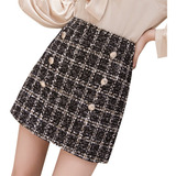 Minifalda De Tweed A Cuadros De Cintura Alta Elegante Para M