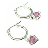 Aros Argollitas Acero Blanco Con Corazón Rosa