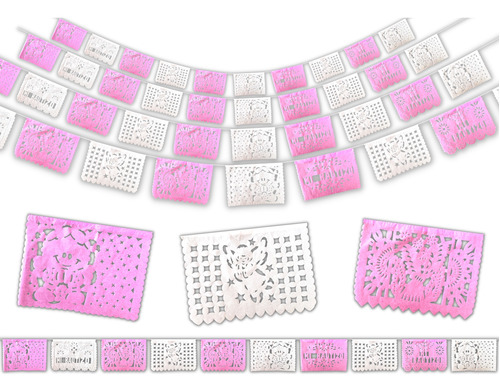 Papel Picado Para Bautizo Niña. Rosa Y Blanco. Paq 10 Tiras