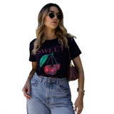 Camiseta Feminina T-shirt Estampa Cherry Cereja Tendência