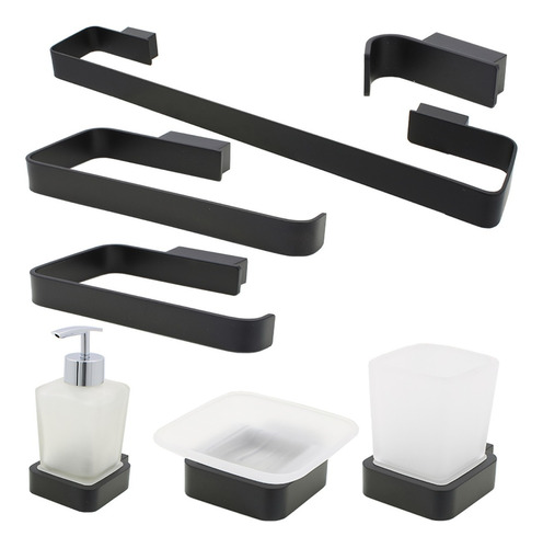 Juego De 7 Accesorios Para Baño Negro Mate Cuadrado Lujo 