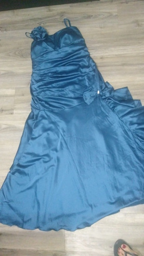 Vestido Largo De Fiesta De Satén Azul Petroleo