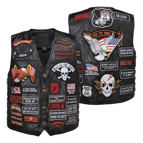 Chaleco Motociclista Piel 42 Parches Biker Hombre