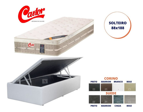  Cama Box Baú Solteiro + Colchão Castor Firme 88x188