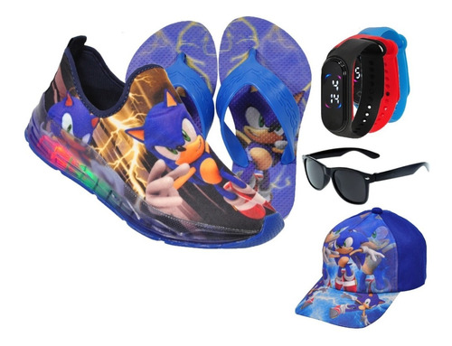 Tênis Infantil Sonic Led + Óculos + Relógio + Boné + Chinelo