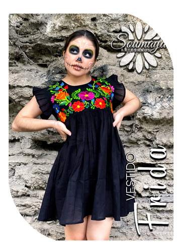 Increíble Vestido Mexicano Casual Artesanal Bordado Frida