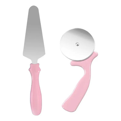 Set De Cortador Y Espatula Inoxidable Slim Company Para Rebanar Cualquier Tipo De Alimento Como Pizza Masa Pastel Color Rosa