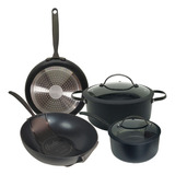 Set Wok Cacerola Sartén Hudson Total Black 6 Pzs Inducción