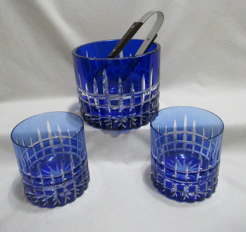 Hielera Cristal Azul Con 2 Vasos Whisky Y Pinza Acero Japan 