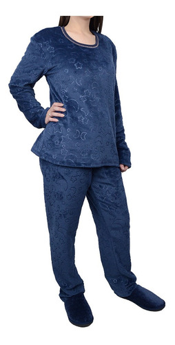 Pijama Feminino Recco Longo Fleece Luar Azul - 1527