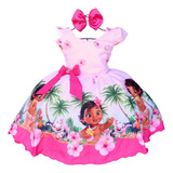 Vestido Infantil Moana Rosa Luxo Para Festa Temática E Tiara