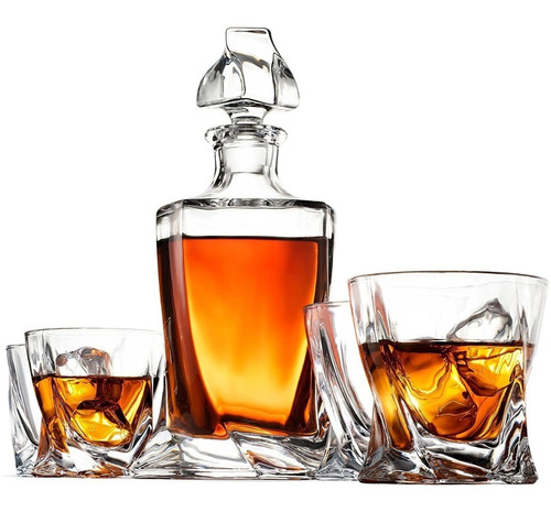 Set Decantador Con 4 Vasos De  Whisky Cristal De Bohemia 