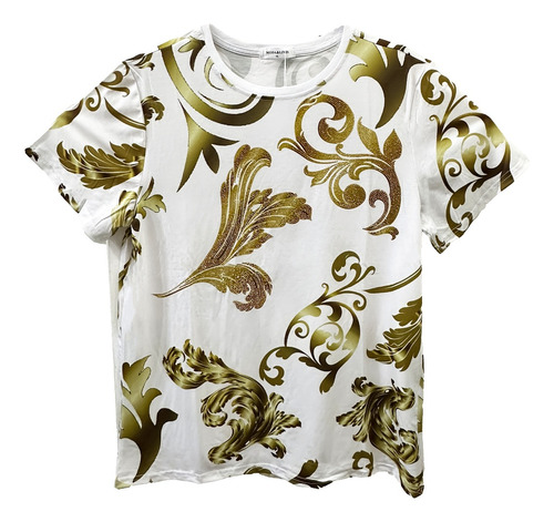 Playera Estampada De Hojas Dorado Con Diamantes Brillos