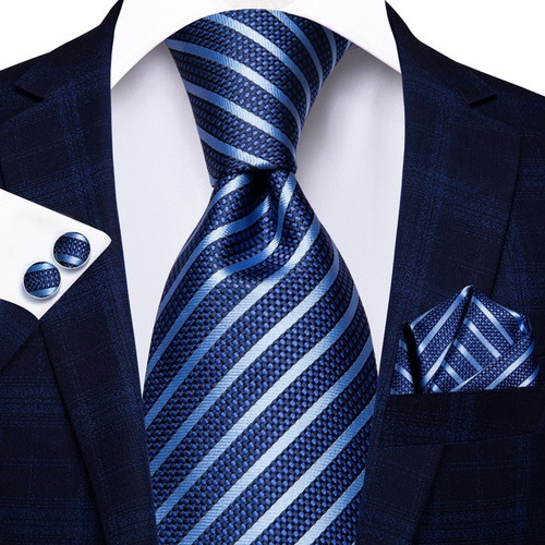 Corbata Seda Jacquard Azul Rayas  Pañuelo Y Mancuernilla