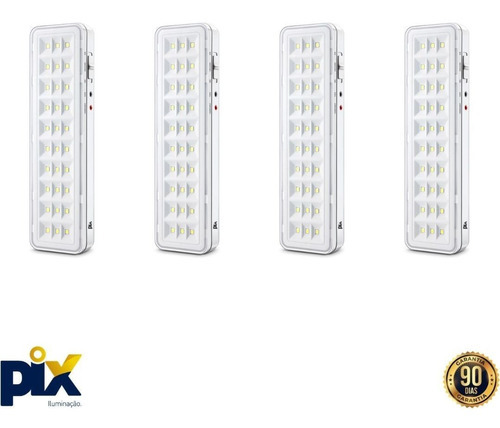 Kit 4 Luminárias Emergência Pix 30 Leds 2w 6500k Bivolt Cor Branco 110v/220v