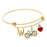 Pulsera Bicicleta Corazón Novia Dije Letra Inicial Acero