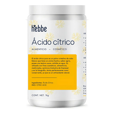 Acido Citrico puro, alimenticio y cosmético Regulador de pH Exfoliante suave Hebbe Cosmetcis & Ludika 1kg | Meses sin interés
