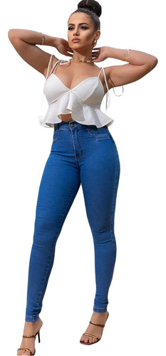 Calça Jeans Feminina Skinny  Cintura Alta Lycra