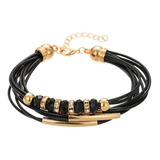 Manilla Pulsera Brazalete Cuerda Cuero Cuentas Negras Mujer