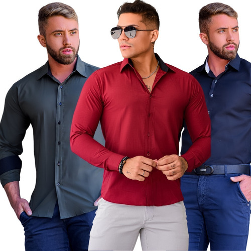 Combo 3 Camisa Social Slim Manga Longa Masculina Executivo