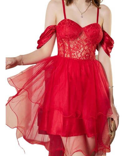 Vestido Elegante De Fiesta De Malla Rojos De Boda Para Mujer