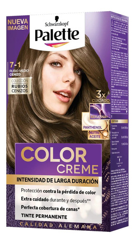  2 Pzs Palette Tinte Permanente Dama Color Tonos Tono 7-1 Rubio Medio Cenizo