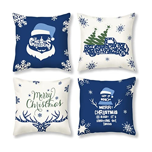 Fundas De Almohada Navideñas Azules, Decoración Navid...