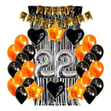 Combo Kit Deco Fiesta Globos Negro Y Naranja+numeros40cm