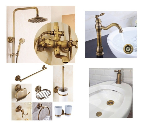 Griferia Bronce Antiguo Ducha + Bacha + Bidet + 7 Accesorios