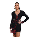 Vestido Bandage Corto Negro Pedrería Manga Larga Sexy Elegan