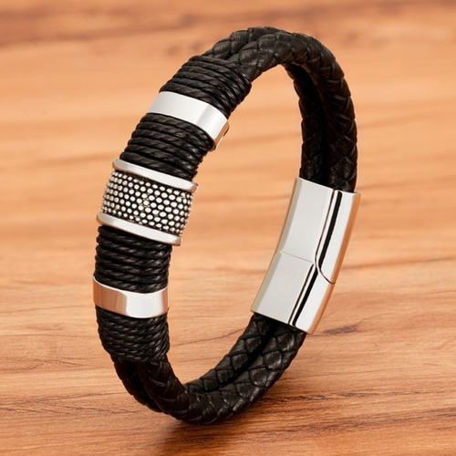 Pulsera Doble Cuero Negro Trenzado - Geometric Plateado