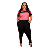 Conjunto Plus Size Blusinha Calça Faixa Estica Listra Gg G3