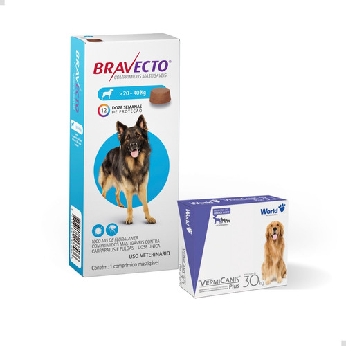 Bravecto Antipulgas 20 À 40kg + Vermicanis 30kg 2cp P/ Cães