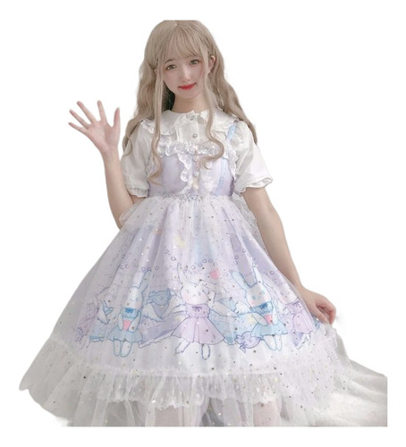 Jsk Lolita Kawaii Vestido De Niña Con Estampado De Encaje