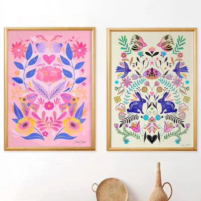 Cuadro decorativo Arte Mio Galeria Flower Folk abstracto color del armazón dorado de 40cm x 30cm pack de 2u color madera natural | Meses sin interés