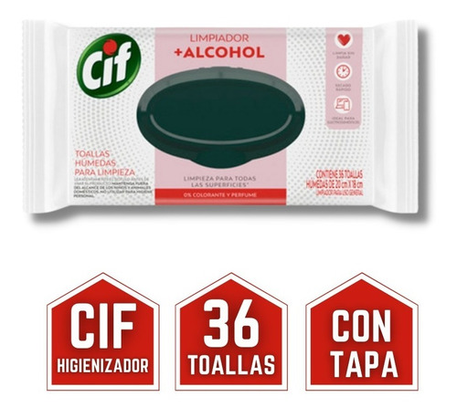 Cif Toallitas Húmedas Higienizador Con Alcohol 36 Un Pack X8
