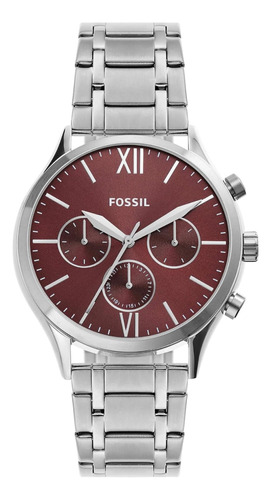 Reloj Fossil Bq2804 Original Plateado Fondo Vino Hombre 44mm