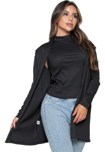 Cardigan Feminino Malha Manga Longa Sobretudo Luxo Canelado