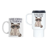 Taza Y Jarro Térmico Plástico Combo Gato Los Odio A Todos